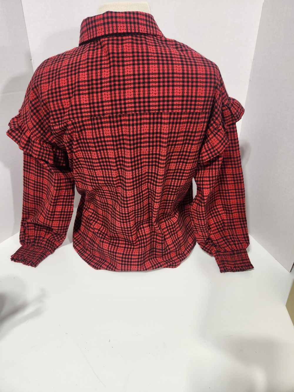 Red Plaid Ruffle Button-Front Women's Shirt - Picture 3 of 8